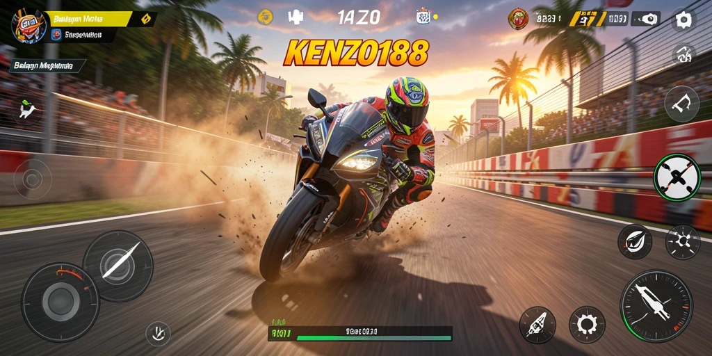 Tampilan gameplay KENZO188 yang mendebarkan dengan balapan motor seru.
