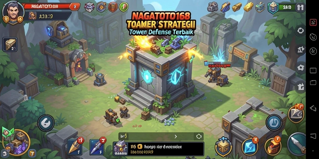 Screenshot gameplay NAGATOTO168 menampilkan aksi pertahanan menara yang dinamis.