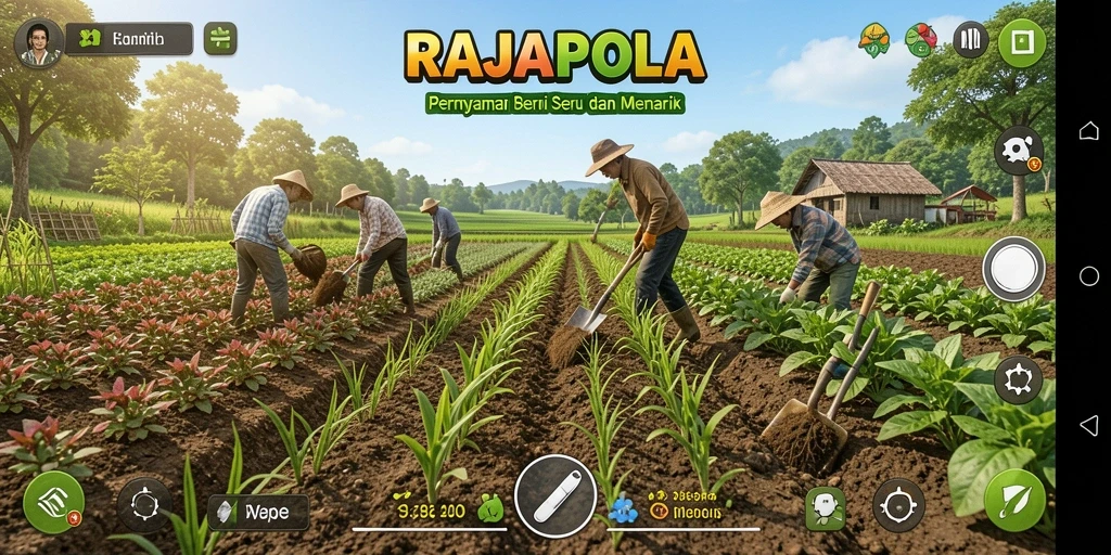 Screenshot gameplay RAJAPOLA menampilkan kebun yang indah dengan tanaman subur.